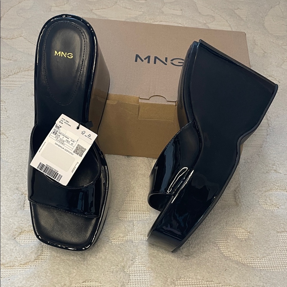 Mango Glossy Black Platform Sandals